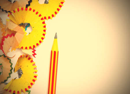 still life with striped pencil and shavings with copy space.の写真素材