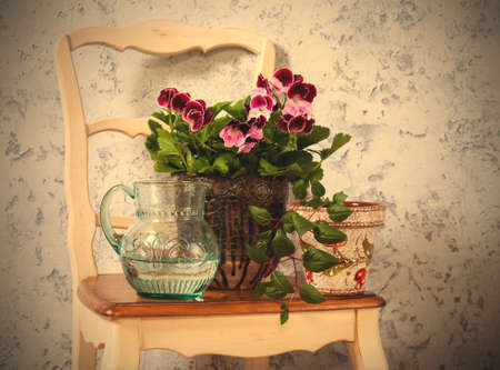 Still Life with pelargonium, fuchsia and a jug of water.の写真素材