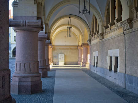 Arcades of the Neues Rathaus in the old town of Goerlitz, Germany. Historic Arcades in the evening light.の写真素材