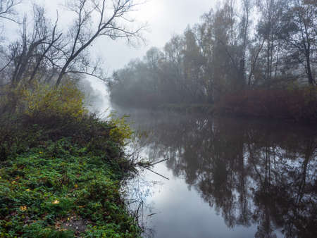 View of the calm river in a foggy november day. Trees reflecting in the still water, distant view of the riverbed.の写真素材