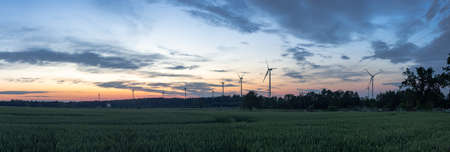Panoramic view of wind turbines farm in sunset. Field of fields of green cereals in sunset. Ecology, renewable energy sources. Wind energy in Polandの写真素材