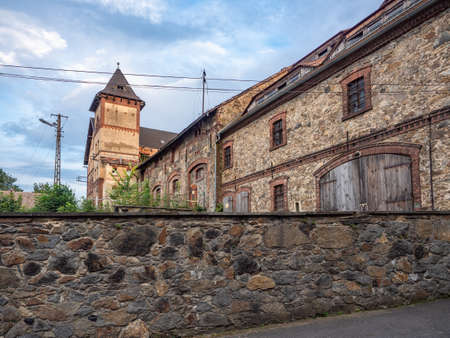 Czocha, Poland-August 25, 2019: View on main gate and outer bastion from the inside of castle bailey. Visible tourist bar and the ticket sales point.のeditorial素材