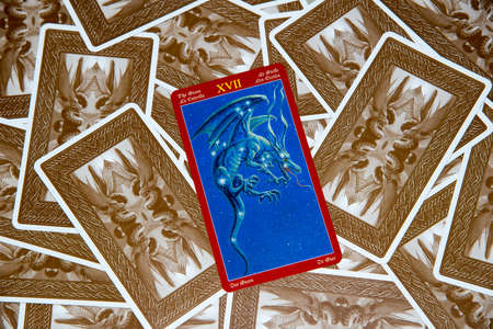 Moscow, Russia - February 18, 2018: Tarot card The Stars. Dragon tarot deck. Esoteric mysterious background in gothic styleのeditorial素材