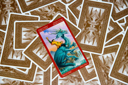 Moscow, Russia - February 18, 2018: Tarot card Knight. Dragon tarot deck. Esoteric mysterious...