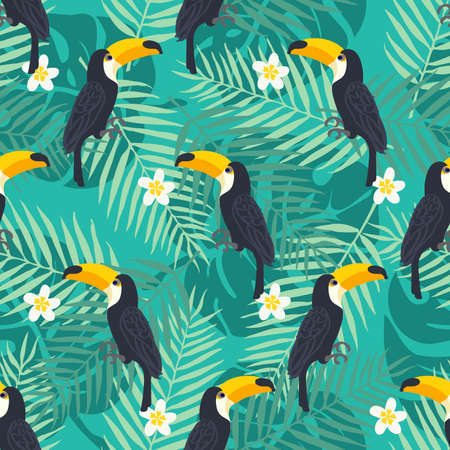 Tropical trrendy seamless pattern with toucan birds,tropical leafs and exotic flowers. Beach background. Paradise pattern. Tropical bird and leafのイラスト素材
