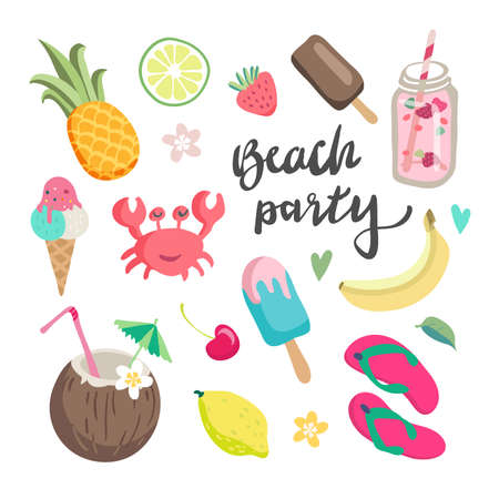 Set of cute summer icons, hand drawn elements- calligraphy, flowers, pineapple, tropical leaf, coctails and ice cream. Perfect for web, card, poster,sticker kit. Vector illustrationのイラスト素材