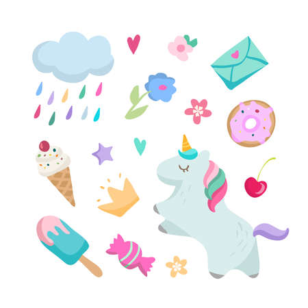 Cute magic set of stickers, pins, patches in cartoon doodle style for print with unicorn, clouds,heart, stars, rainbow, sweets and other elements for kids, girls. Isolated vector illustrationのイラスト素材