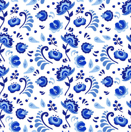 Vector amazing patterns of flowers and birds in Gzhel style. Russian patternのイラスト素材