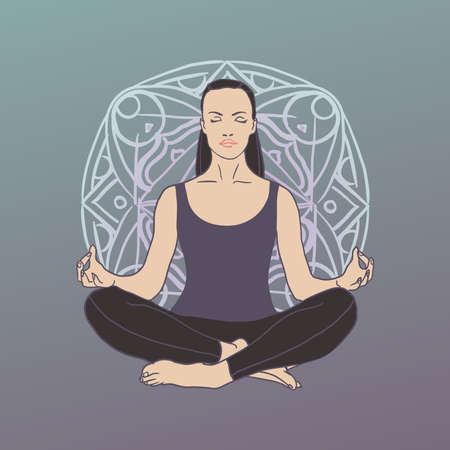 Isolated woman silhouette sitting in lotus pose of yoga. meditation. Creative typography poster.のイラスト素材
