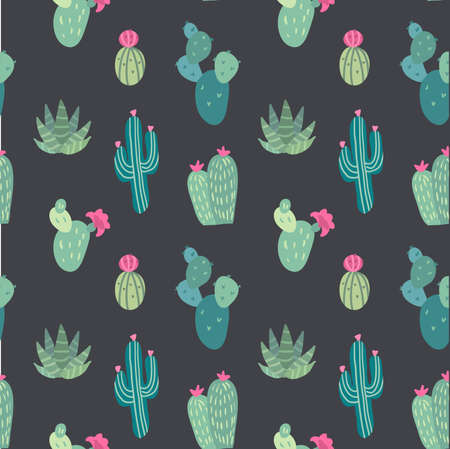 Vector seamless pattern with succulents and cactuses with inky texture in glass terrariums. Trendy tropical design for textileのイラスト素材