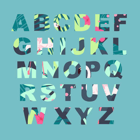 Vector alphabet set. Retro tropical letters, flowers with palm leavesのイラスト素材