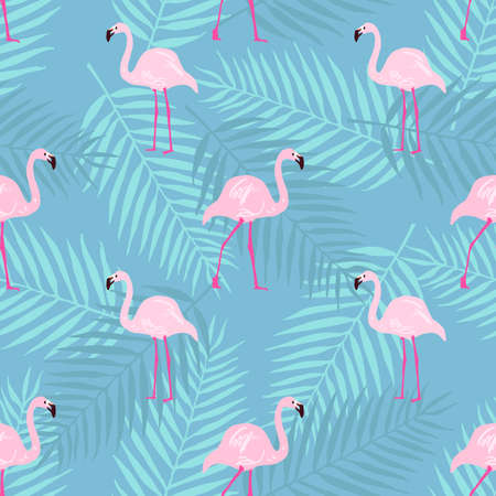 pattern with pink flamingo on blue background with palm leaves, cute background with exotic bird, tropical wallpaperのイラスト素材