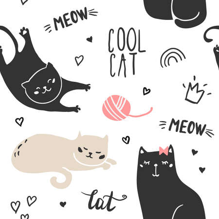 Seamless childish pattern with cute cat face and fish. Creative nursery background. Perfect for kids design, fabric, wrapping, wallpaper, textile, apparelのイラスト素材