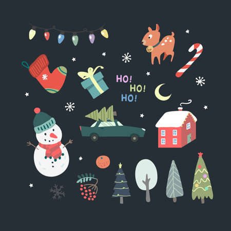 Set of Christmas and New Year element with Santa, snowman, deer, fur-tree, wreaths and other. Perfect for scrapbooking, greeting card, party invitation, poster, tag, sticker kit. Hand drawn styleのイラスト素材