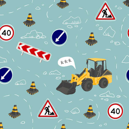 Seamless childish pattern with hand drawn tractor and road sign. Creative kids texture for fabric, wrapping, textile, wallpaper, apparel. Vector illustrationのイラスト素材