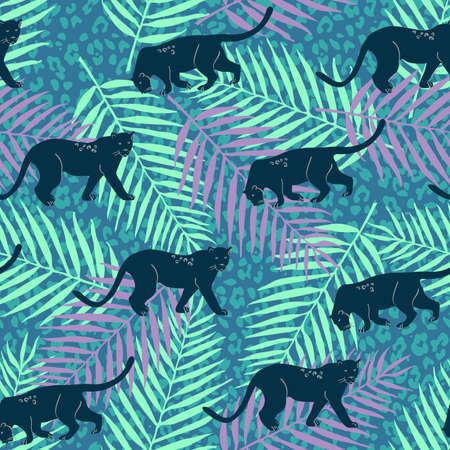 Leopard pattern with tropical leaves. Vector seamless texture.のイラスト素材