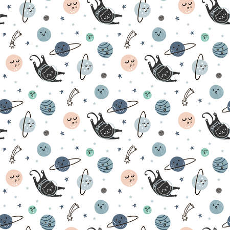 Kids galaxy print. Scandinavian style seamless pattern with hand drawn stars, planets. Trendy kids vector background.のイラスト素材