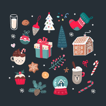 Christmas set on black background, hand drawn style. Vector illustration.のイラスト素材