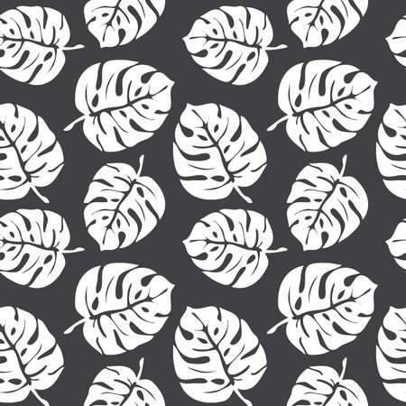 Black monstera leaves seamless pattern on white background. Tropical pattern, botanical leaf backdrop. Trendy design for fabric, textile print, wrapping paper. Vector illustrationのイラスト素材