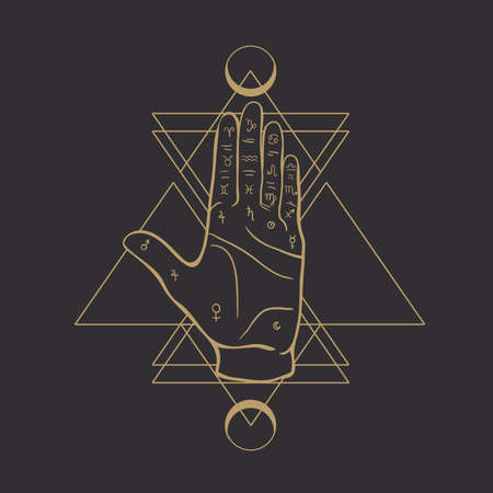 Fortune teller hand with Palmistry diagram and zodiac constellations. Magic alchemy spirituality symbol. Hand drawn sketchy palm reading with mystic and occult hand drawn esoteric symbols. Vector.のイラスト素材