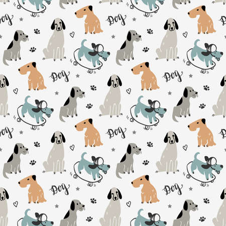 Childish seamless pattern with hand drawn dogs. Trendy scandinavian vector background. Perfect for kids apparel.のイラスト素材