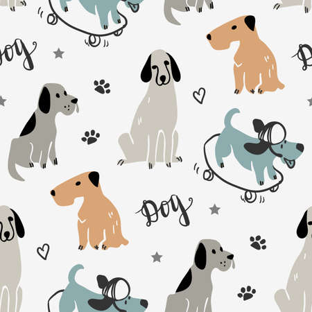 Childish seamless pattern with hand drawn dogs. Trendy scandinavian vector background. Perfect for kids apparel.のイラスト素材