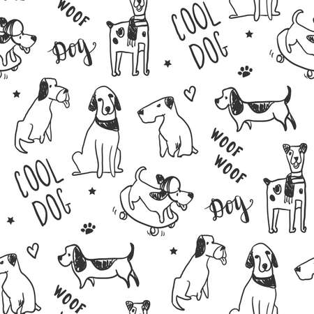 Seamless pattern with dogs on white background. Print with cute pets. Vector illustration.のイラスト素材