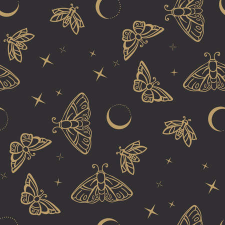 Seamless pattern of butterflies or moths. Print with Insects on a black background. Sacred esoteric symbols. Vector illustrationのイラスト素材