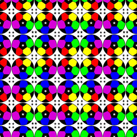 Seamless pattern with a soccer ball and stars in a bright rainbow colors.の写真素材