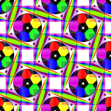 Seamless pattern with a soccer ball and stars in a bright translucent rainbow colors.の写真素材