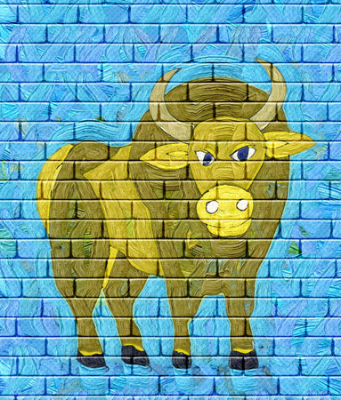 Grafitti bull on a rendered brick wall background - symbol of the year. The Author - Peshkareva Irina -の写真素材