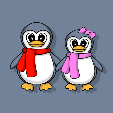 illustration art cute cartoon couple penguin with scraft character designのイラスト素材