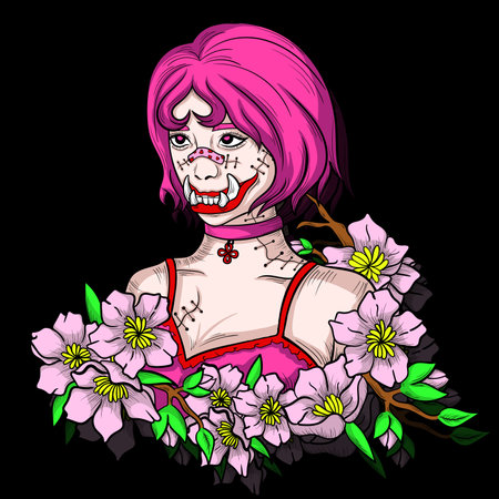 illustration art pink girl monster with flower character designのイラスト素材