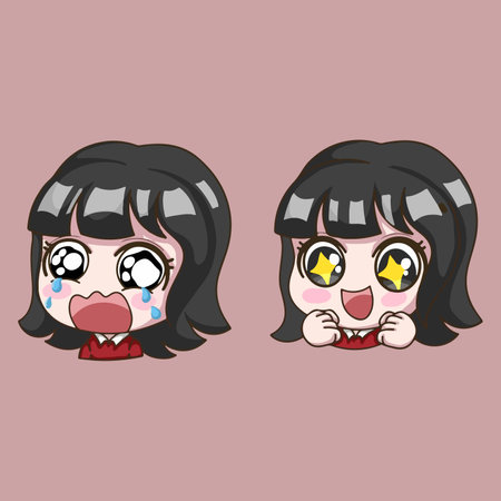 cute cartoon girl with different facial expressions, vector illustration in a flat styleのイラスト素材