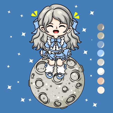 Cute cartoon girl sitting on the moon. Vector illustration isolated on blue background.のイラスト素材