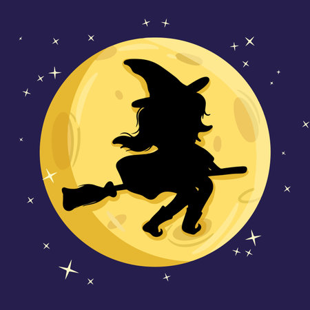Witch on a broomstick on the background of the full moonのイラスト素材