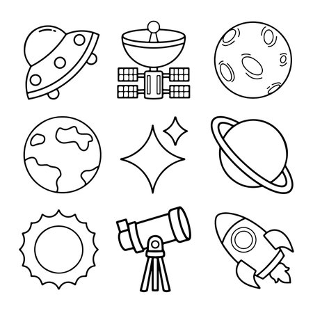 Space doodle icons set. Outline illustration of space doodles vector icons for web designのイラスト素材