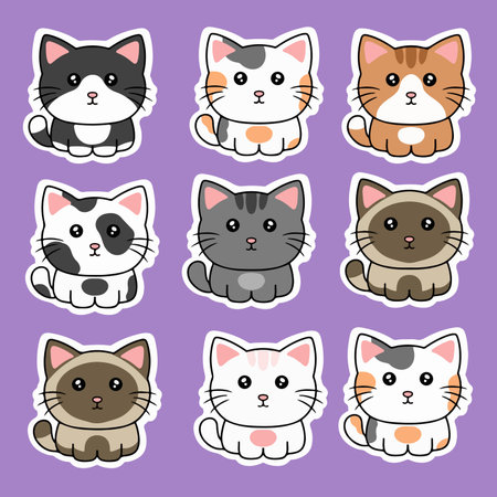 Cute cartoon cats stickers set. Cute kitty characters. Vector illustration.のイラスト素材