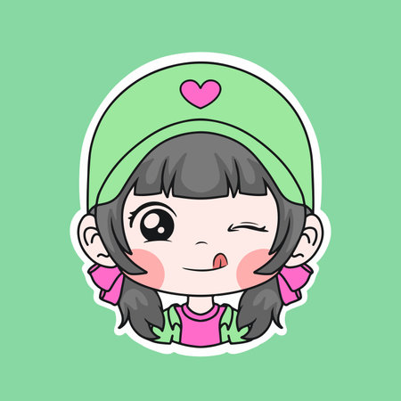 Cute Cartoon Girl Vector Illustration. Isolated on Green Backgroundのイラスト素材