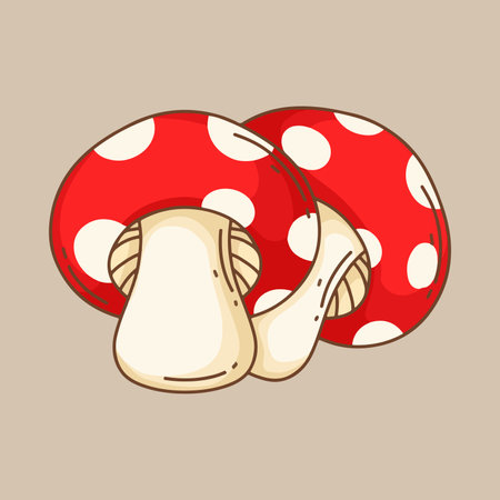 Cartoon mushroom with red polka dots on beige background.のイラスト素材