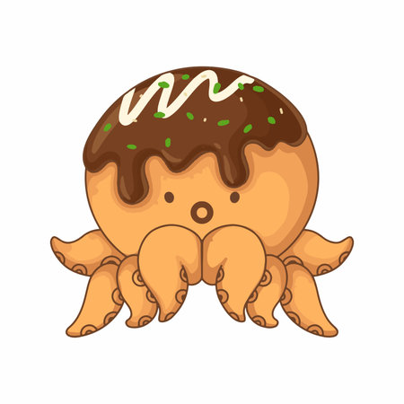 Cute cartoon kawaii japanesse octopus with takoyaki toping glaze.のイラスト素材