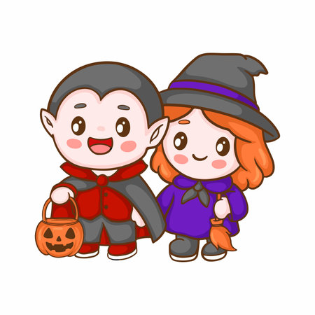 Cute cartoon boy and girl in Halloween costumes. Vector illustration.のイラスト素材