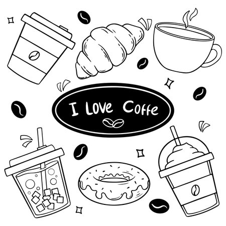 doodle coffee cup, donut, coffee beans and croissant. Hand drawn vector illustration.のイラスト素材