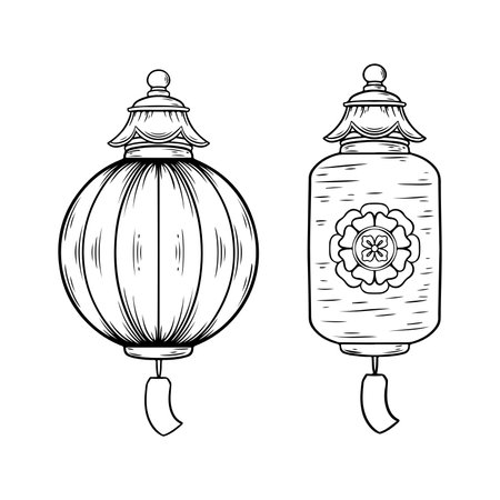 Chinese lanterns. Vector illustration in black and white colors isolated on a white background.のイラスト素材