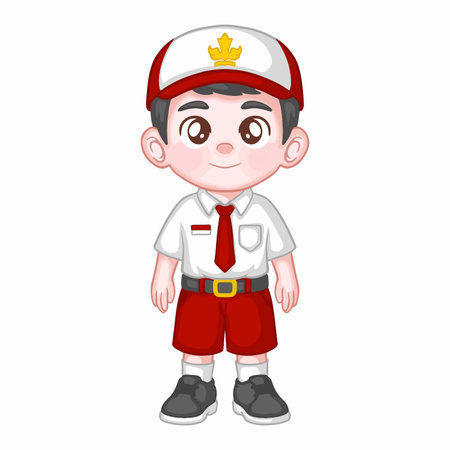 Boy in indonesian elementary school isolated on white background. Vector cartoon illustration.のイラスト素材