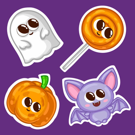 Halloween icon set. Cute cartoon ghost, pumpkin, bat, candy. Vector illustrationのイラスト素材