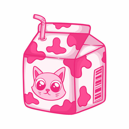 Cute cartoon cat in a pink milk box. Vector illustration.のイラスト素材