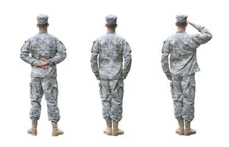 US Army soldier in three positions; Parade rest, Attention, Saluting. Back view, isolated on white backgroundの写真素材