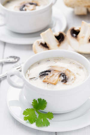 Creamy white mushroom soup served in two white bowlsの写真素材