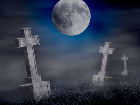Mystery old graveyard with a group of cross tombstones at midnight  Halloween collageの写真素材